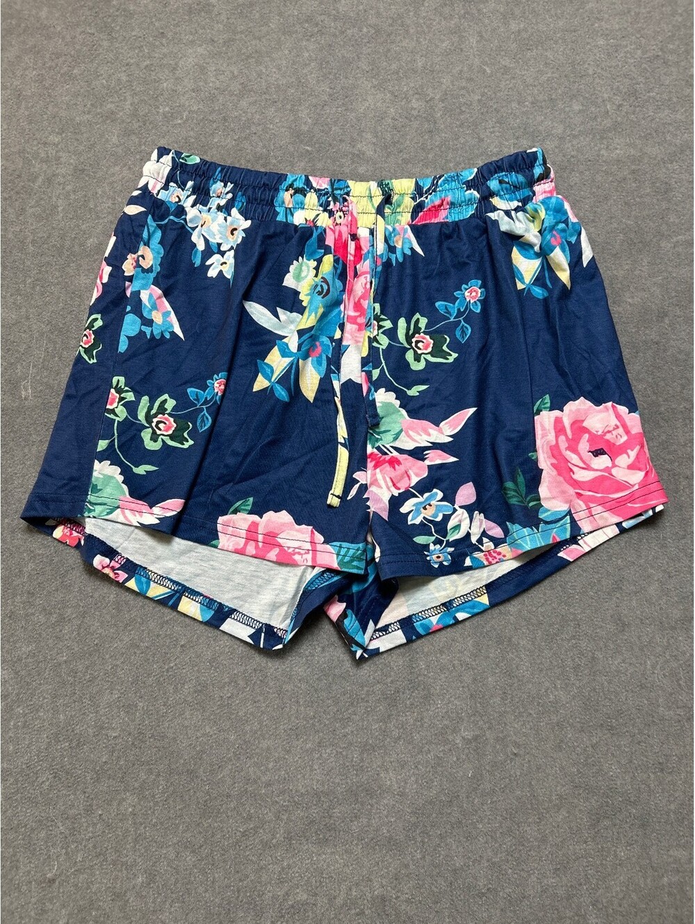 Womens Floral Lounge Shorts Size Medium Blue Pink Elastic Waist Pajama Shorts